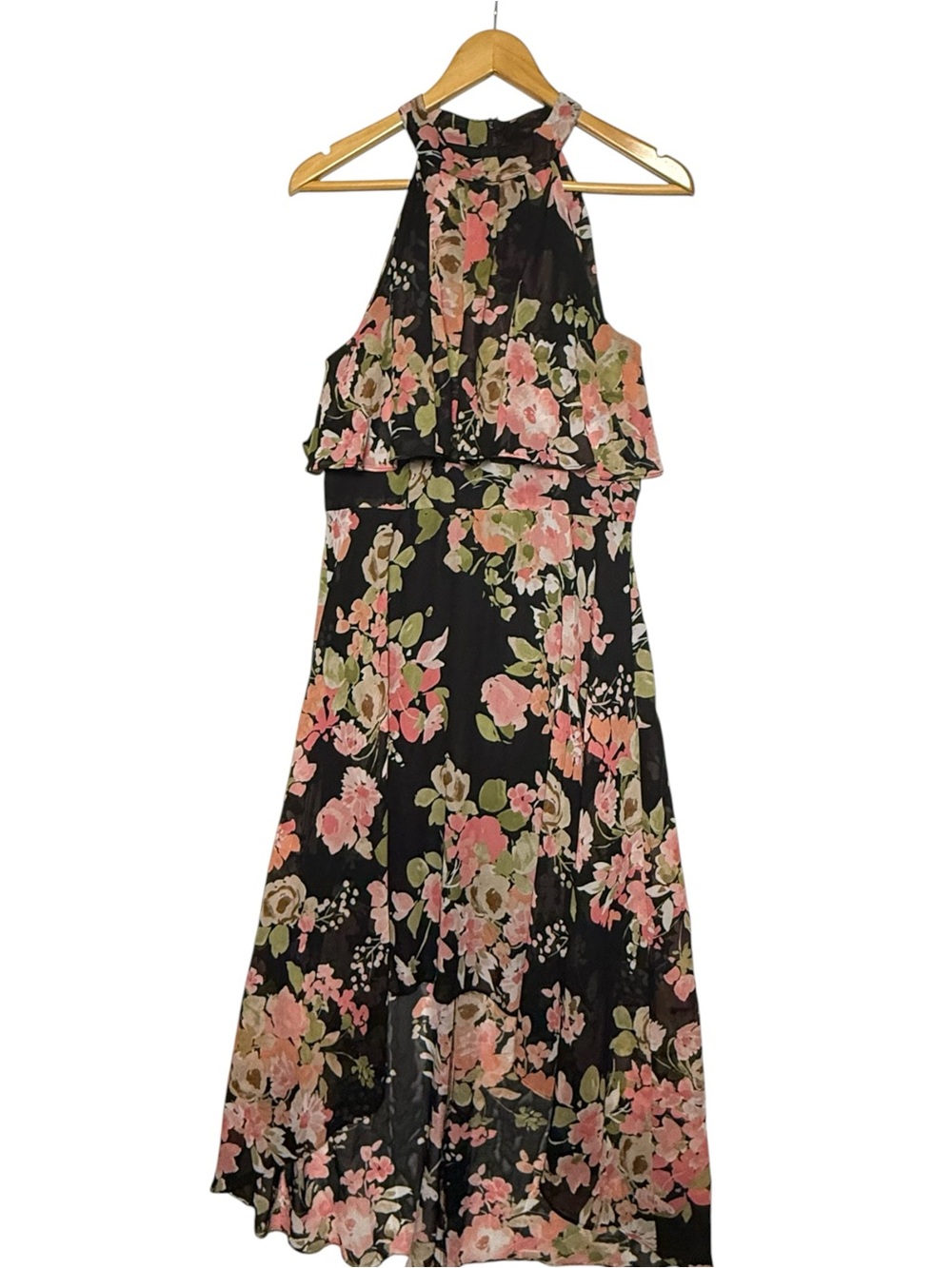 ELLE Black Pink Floral Chiffon Halter High Low Maxi Dress Size Small